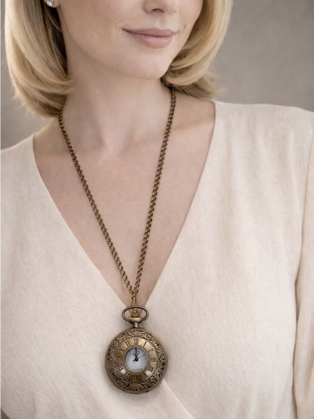 Vintage-Inspired Bronze Pocket Watch Pendant Necklace - Women Jewelry